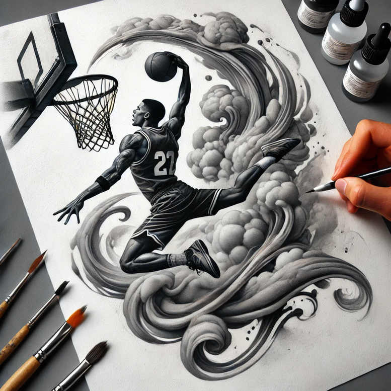 A black and grey drawing of a basketball player dunking toward a hoop, with a net, surrounded by swirling clouds; tattoo project concept, suitable for cover-up.