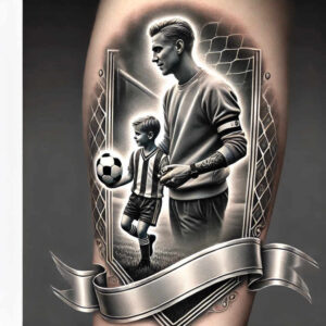 Black and grey tattoo design of a man guiding a child with a soccer ball inside a framed shield, with a flowing ribbon banner and subtle net pattern; AI-generated tattoo project.