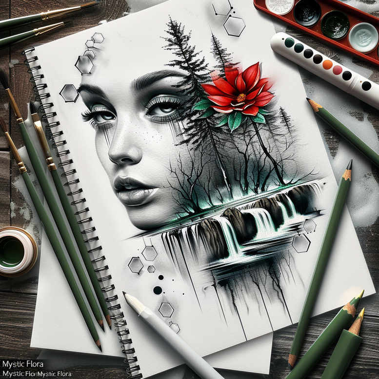 Portrait of a woman in black and grey with forest silhouettes and a red rose; AI-generated tattoo project idea for a cover-up.