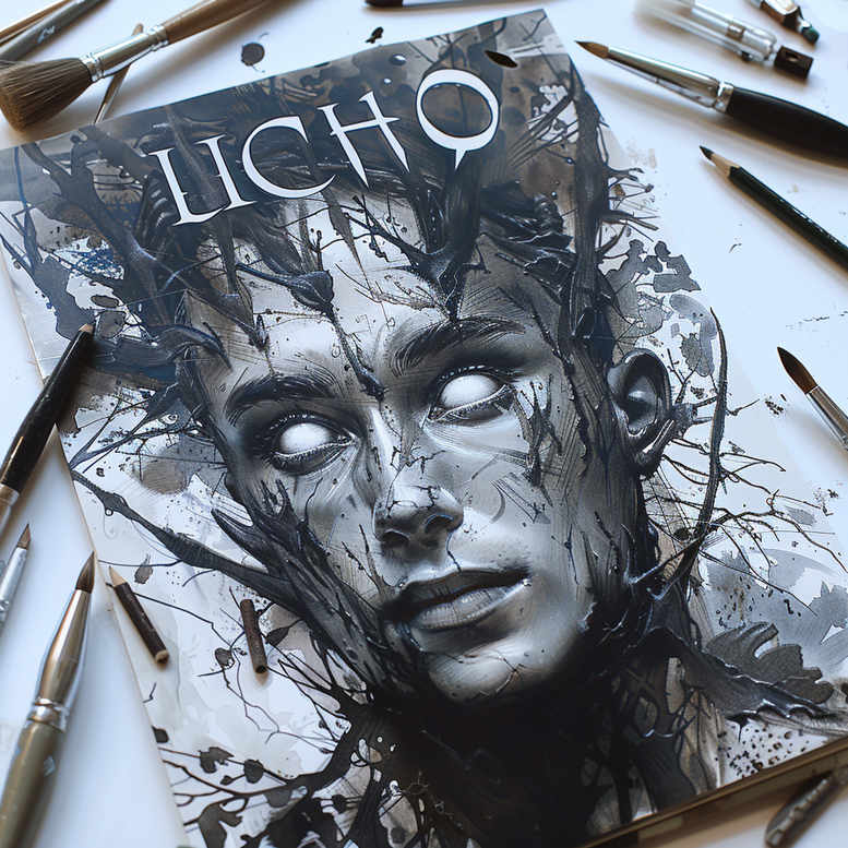 Face in black and grey tones with vines and leaves; a tattoo project idea, cover-up suitable.