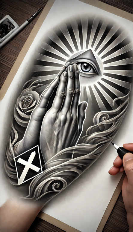 Hand with eye in the palm, sun-ray background; black and grey tattoo design idea, cover-up-ready Hamsa motif for forearm.