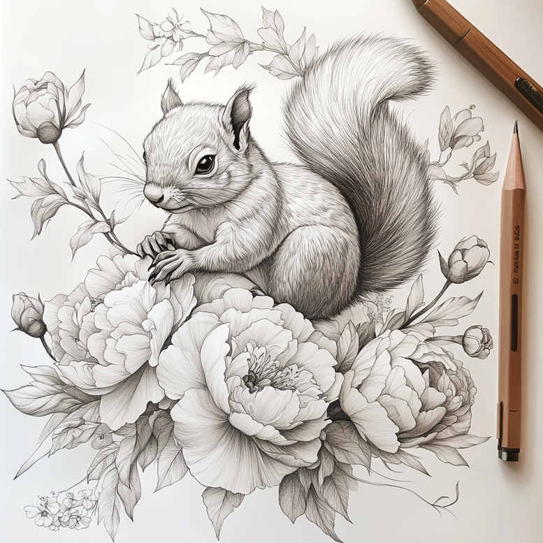 Squirrel on a peony bouquet in black and grey, pencil sketch; tattoo design idea; not ideal for cover-up.