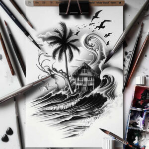 Black and grey tattoo design featuring palm tree, hut, wave, sea, bird, cloud, and island; a project suitable for cover-up.