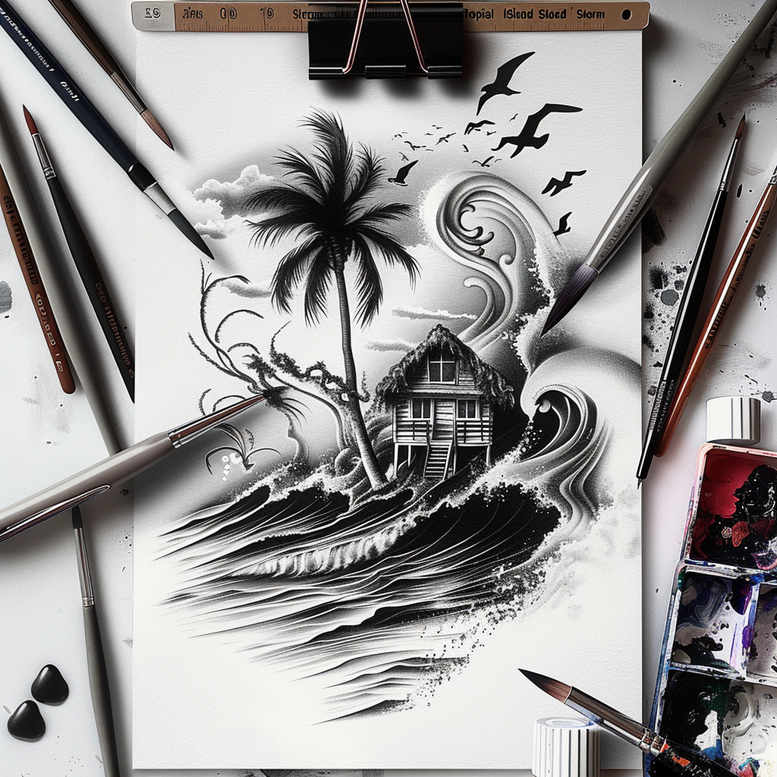 Black and grey tattoo project showing palm tree, island, waves, cliff, and house; ideal for cover-up.