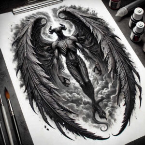 Black and grey demon-wing figure with massive feathered wings against cloudy backdrop; cover-up suitable tattoo idea.