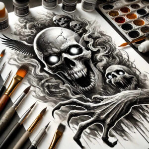 Black and grey skull with wings, clawed hand, smoke, artist palette, and brushes; tattoo project; cover-up ready.