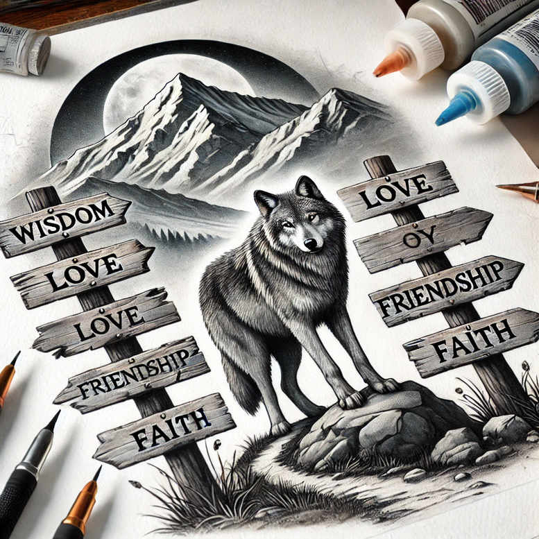 Black and grey wolf standing on a rock between wooden signposts against a moonlit mountain backdrop; AI-generated tattoo project; suitable for cover-up.