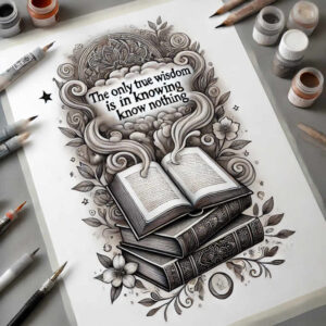 Black and grey tattoo illustration of three stacked books with swirling smoke forming a quote, floral leaves around; AI-generated tattoo project; not suitable for cover-up.