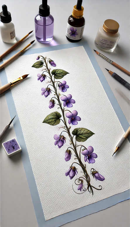 Flower stem with purple blossoms and green leaves on watercolor paper, with brushes and ink bottles nearby; a tattoo design concept.
