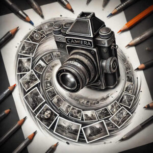 Camera in black and grey at center, encircled by a spiral of black-and-white photos on white paper; colored pencils frame the scene; tattoo design idea, cover-up possible.