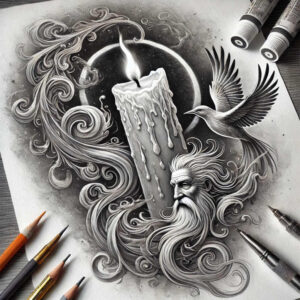 Black and grey tattoo design featuring candle, flame, bearded man, bird, and circular halo; AI-generated tattoo project; ideal for a cover-up.