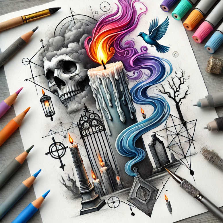 candles tattoo design ideas true-to-life warm tones for upper chest
