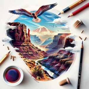 Color illustration of bird, canyon, mountain, clouds, and river, with pencil, brush, cup of ink, and paper; color project idea; not suitable for a cover-up.