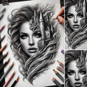 Portrait of a woman with a castle merging into flowing hair in grayscale; visible pencils nearby; black and grey tattoo project, cover-up idea.