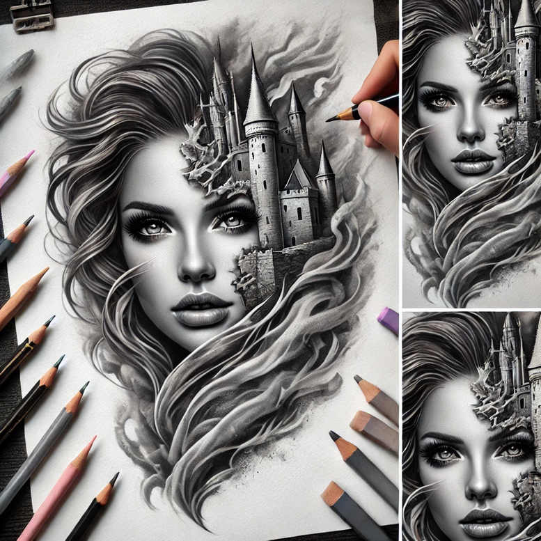 Portrait of a woman with a castle merging into flowing hair in grayscale; visible pencils nearby; black and grey tattoo project, cover-up idea.