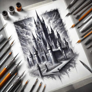 fortress-tower-ghastly-minimal-grain – tattoo design ideas free ai generated – Gallery: castles-inkby-ai