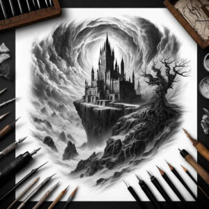 castle-courtyard-haunted-smooth-gradients – tattoo design ideas free ai generated – Gallery: castles-inkby-ai
