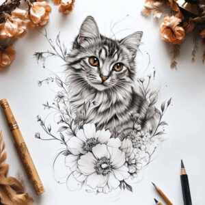 Cat, flowers, and pencils in black and grey; pencil-drawn tattoo design; not suitable for cover-up.