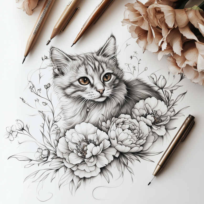 Cat, peony, pencil, branch, and leaf; black and grey; tattoo design concept; not ideal for cover-up.