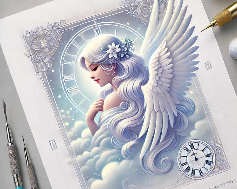 Angel with flowing white wings, moon halo, clouds, clock, and blue flower in hair; black and grey tattoo design idea, project for cover-up.
