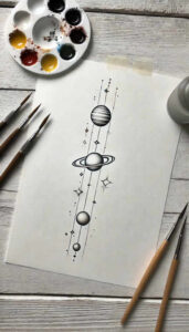 Black and grey linework on paper showing planets, Saturn with rings, stars, and vertical pattern lines; AI-generated tattoo project idea, suitable as a cover-up.