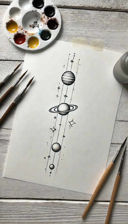 Black and grey linework on paper showing planets, Saturn with rings, stars, and vertical pattern lines; AI-generated tattoo project idea, suitable as a cover-up.