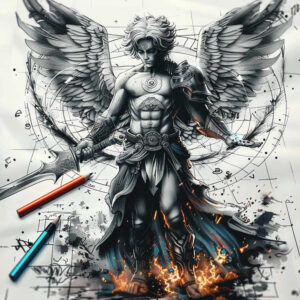 Angel with wings and armored warrior, flames at base, grayscale shading, colored pencils nearby; tattoo design concept, cover-up suitable.