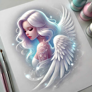 Angel figure with white wings; icy blue hair; shoulder rose tattoo in black and grey on white paper; AI-generated tattoo project; suitable for a cover-up.
