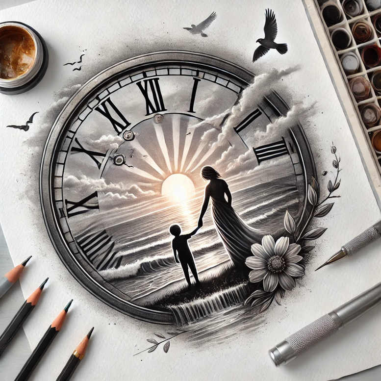 Clock with Roman numerals surrounds a sunlit sea scene featuring a woman and child, plus a flower with leaves, birds, and clouds in black and grey; tattoo project idea; not suitable for cover-up.