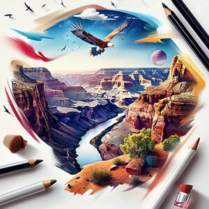 Canyon (color), river (color), sky (color), bird (color), rock (color), tree (color), pencil (color), eraser (color), bottle (color), paper (color); project idea; not suitable for cover-up.