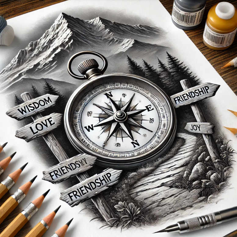 Compass, signpost, mountains, trees, rock, and pencil sketches in black and grey; tattoo project idea; not a cover-up.