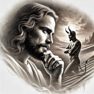 Man with long hair and beard, horned demon in a black-and-grey desert landscape; project suitable for a cover-up.
