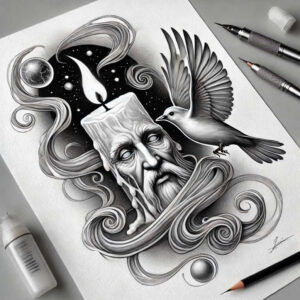 Face of an elderly man in black and grey, candle atop head, dove in flight, and orbiting orbs; cover-up-ready tattoo design idea.
