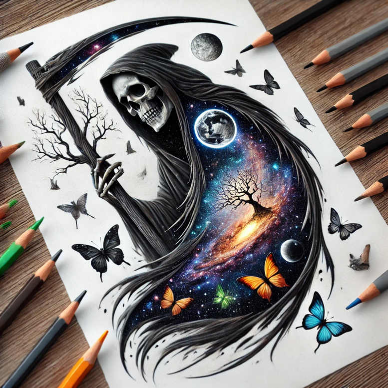 Skeleton, cloak, galaxy, tree, butterfly; black and grey dominant; tattoo concept for cover-up pattern.