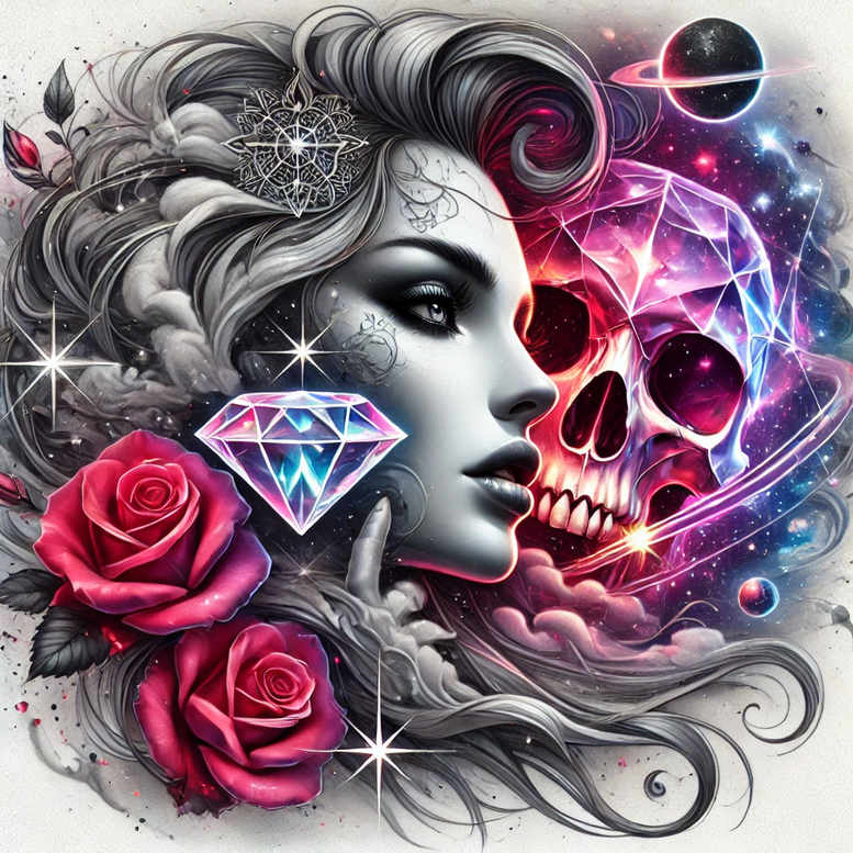Portrait of a woman with flowing hair, a red rose, and a skull with crystal diamonds against a starry backdrop; pattern-filled, AI-generated tattoo project, ideal for cover-up.