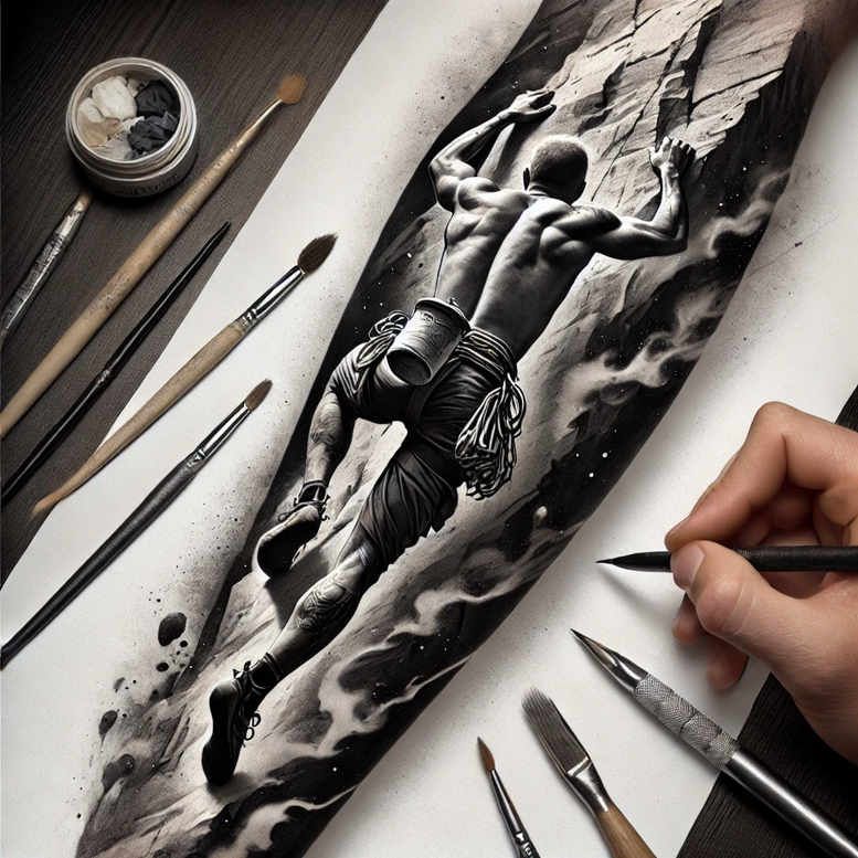 Black and grey climber tattoo design on rock wall; visible objects include climber, rock, wall, rope, cloud, hand, pen, brush, jar, paper; project idea; cover-up ready.