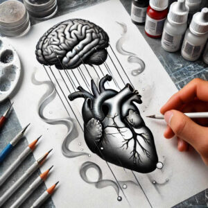 Brain and heart in a black and grey tattoo design connected by strings, sketched on paper with a hand holding a pencil; cover-up project idea