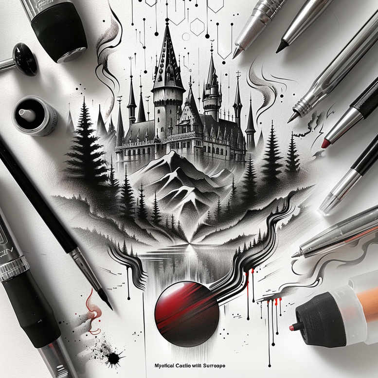 Castle, mountain, tree, orb, horns, ink-bottle, marker, pen in black and grey with a red orb; AI-generated tattoo project; cover-up suitable.