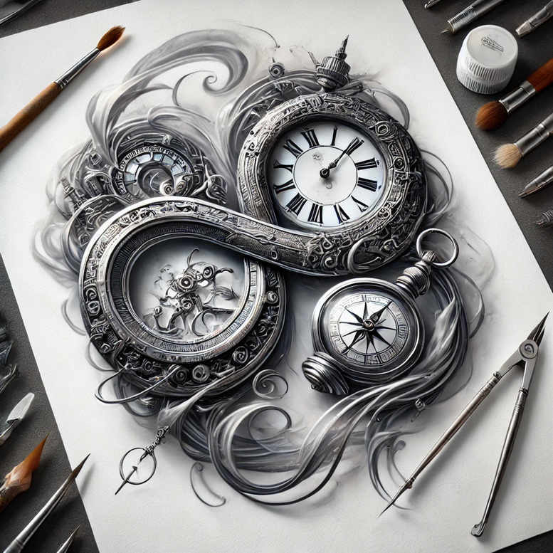 Grey-scale pocket watch, compass, and chain on paper; black and grey, AI-generated tattoo project, ideal for cover-up.