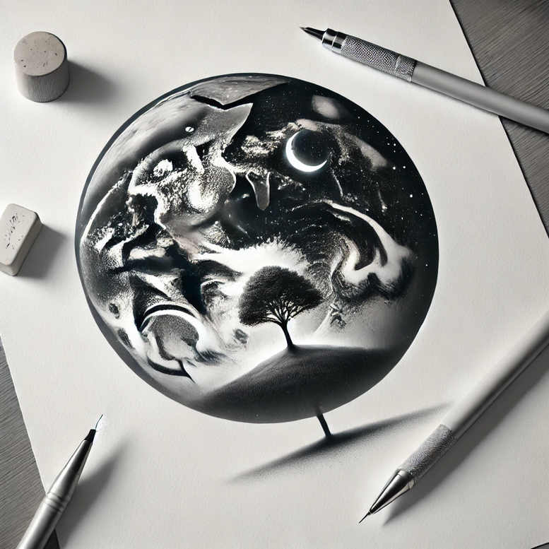 Disc-shaped black and grey tattoo design featuring a lone tree on a hill beneath a crescent moon and a swirl-filled sky; pencil, pen, eraser visible; cover-up-ready.