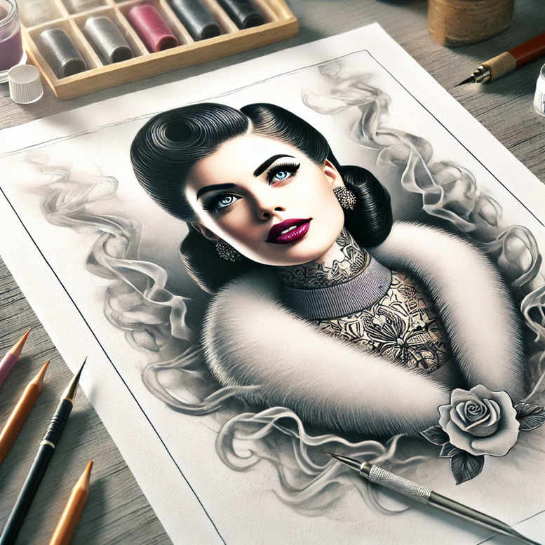 Portrait of a woman with dark hair in black and grey, wearing a necklace and a rose motif; tattoo design project suitable for cover-up.