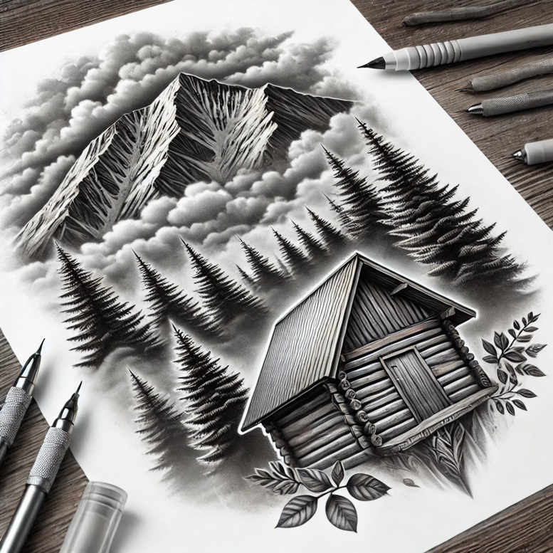 Black and grey tattoo design featuring cabin, pine trees, mountains, clouds, and leaves; cover-up-ready project idea.
