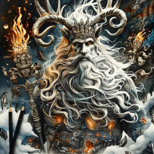 Dark horned god portrait in black and grey with crown, horns, beard, torches, flames, butterflies, and pencils; project idea; suitable for cover-up.