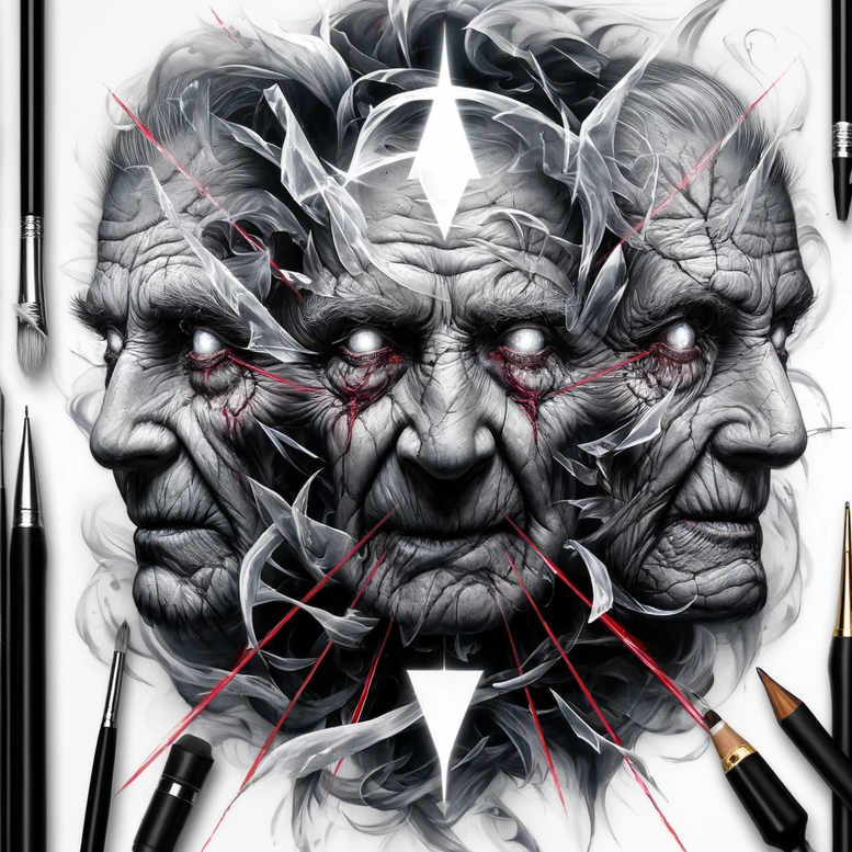 Three black and grey faces merged into a shattered geometric portrait with glass shards, white triangles, and red lines; cover-up-ready tattoo project.