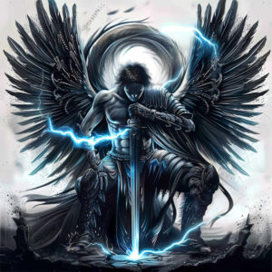Black and grey AI-generated tattoo concept of a dark winged angel kneeling with a glowing blue lightning sword, armored attire, on cracked ground; cover-up project.