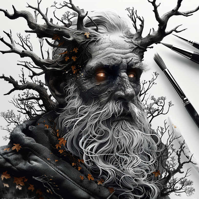 Black and grey portrait of an elderly man with tree-branch crown, orange leaves, and brushes visible; tattoo project idea; cover-up.