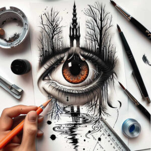 Eye with orange-brown iris in black and grey, tower perched above the lid among bare trees, water ripples beneath—AI-generated tattoo project, cover-up ready.