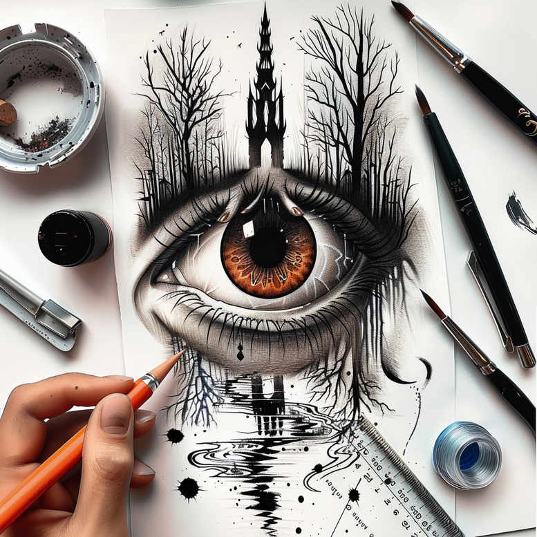 Eye with orange-brown iris in black and grey, tower perched above the lid among bare trees, water ripples beneath—AI-generated tattoo project, cover-up ready.