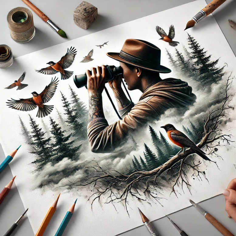 Man with hat holding a camera among trees with butterflies, pencils, and paper in grayscale; tattoo project idea; not specifically for cover-up.