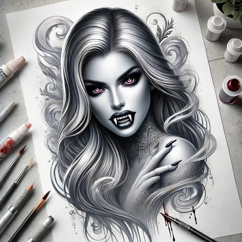 Black and grey portrait of a woman with flowing hair, fangs, and lace neck tattoo; ink bottles, brushes, and paper nearby; AI-generated tattoo project; cover-up ready.